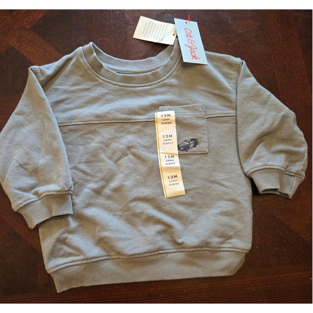 Cat & Jack Baby Boys Blue Grey Car Graphic Pocket Sweatshirt 12M NWT